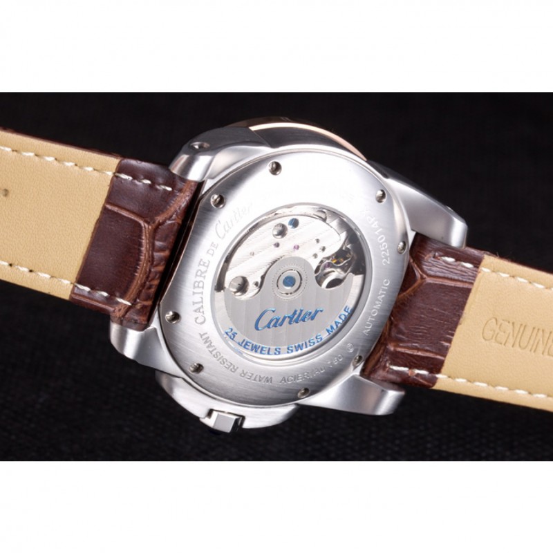 SS Replica Watches Cartier Calibre Flying Tourbillon White Dial Two Tone Case Brown Leather Bracelet-7
