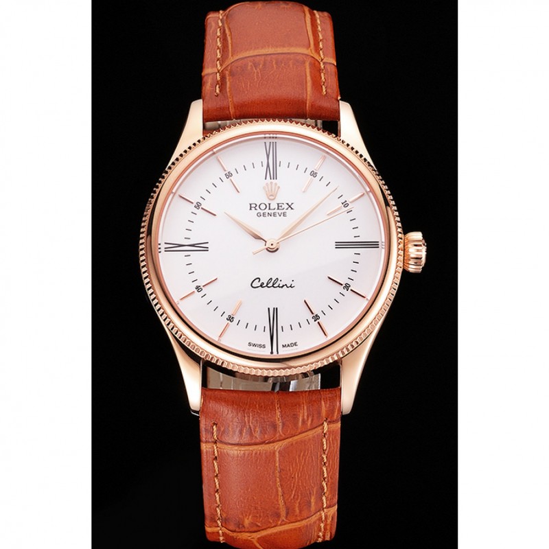 Cheap Swiss Rolex Cellini White Dial Roman Numerals Rose Gold Case Light Brown Leather Strap-1