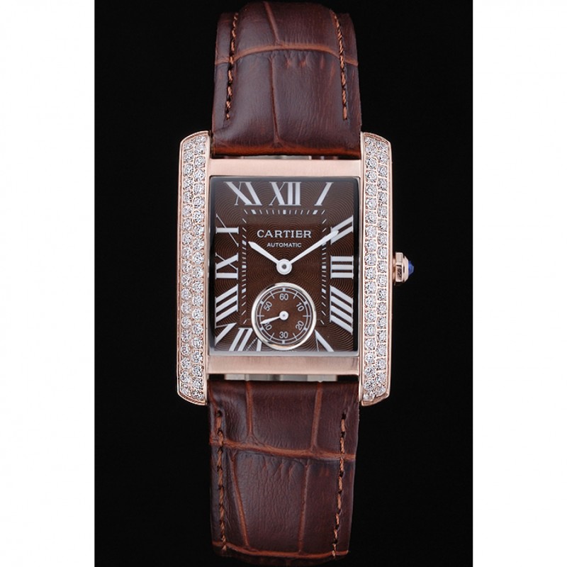 Cartier Tank MC Gold Diamond Case Brown Dial Brown Leather Strap 622170-1