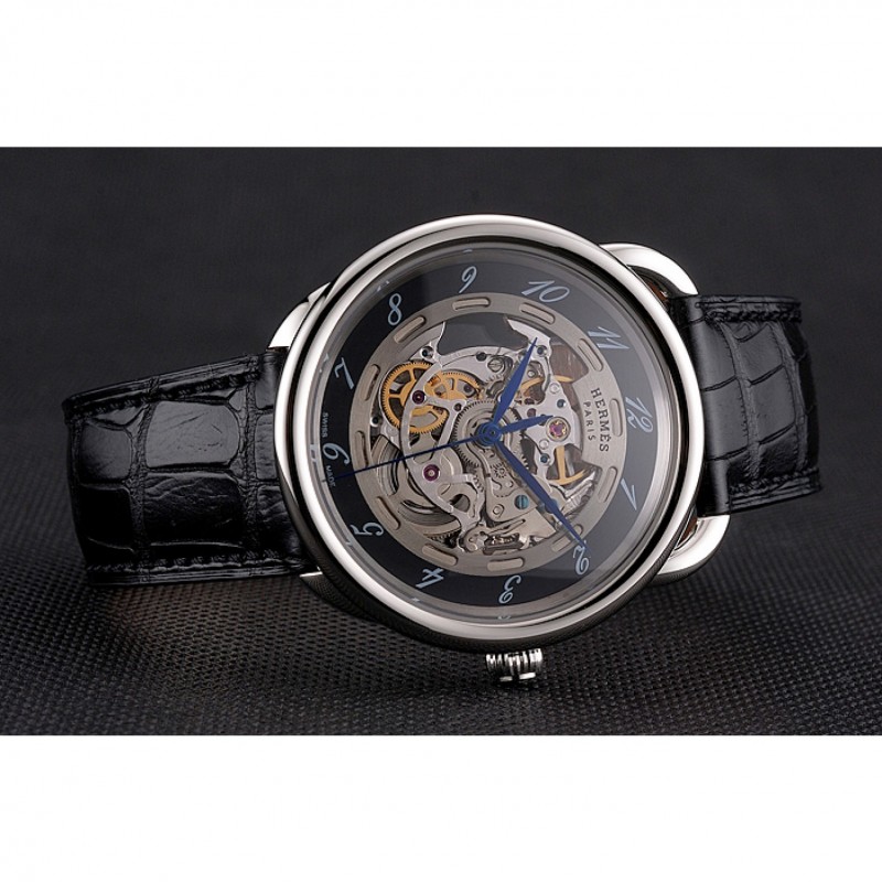 Swiss Hermes Arceau Skeleton Black Dial Blue Hands Stainless Steel Case Black Leather Strap-4