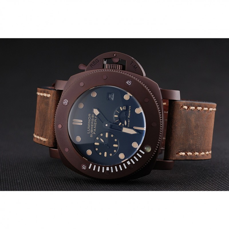 Cheap Replica Watches Panerai Luminor Submersible Black Dial Brown Case Brown Leather Strap-3