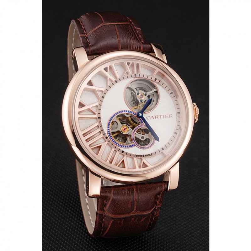 Cartier Rotonde De Cartier Flying Tourbillon White Dial Rose Gold Numerals Rose Gold Case Brown Leather Strap-2