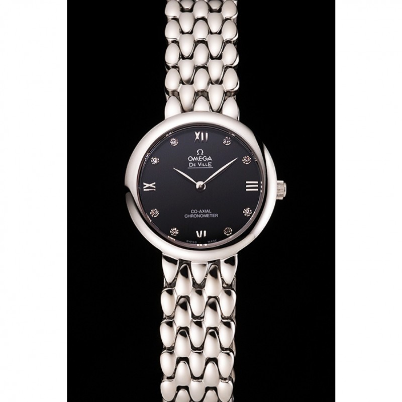 SS Replica Watches Omega De Ville Prestige No Date Dark Grey Dial With Diamonds Stainless Steel Case And Bracelet-1