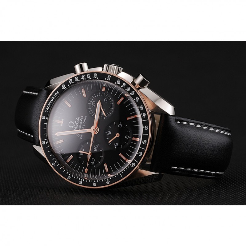 Swiss Omega Speedmaster Professional Black Dial Gold Accents Black Leather Bracelet 1453937-3