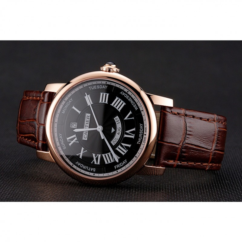 Swiss Cartier Rotonde Annual Calendar Black Dial Rose Gold Case Brown Leather Strap-3