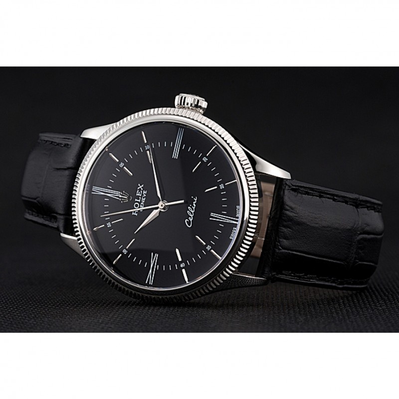 Swiss Rolex Cellini Time Silver Case Black Dial Black Leather Bracelet 622654-4