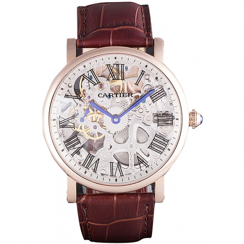 Luxury Cartier Luxury Skeleton Watch with Rose Gold Bezel and Brown Leather Band 621557-0
