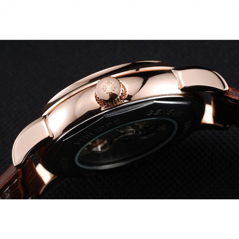High Quality Patek Philippe Dual Time Moonphase Tourbillon Gold Skeletonised Dial Rose Gold Case Brown Leather Strap-8