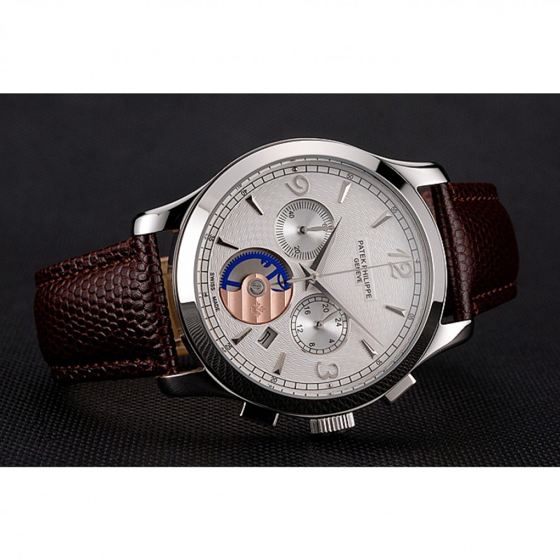 Patek Philippe Chronograph White Guilloche Dial Stainless Steel Case Brown Leather Strap-3