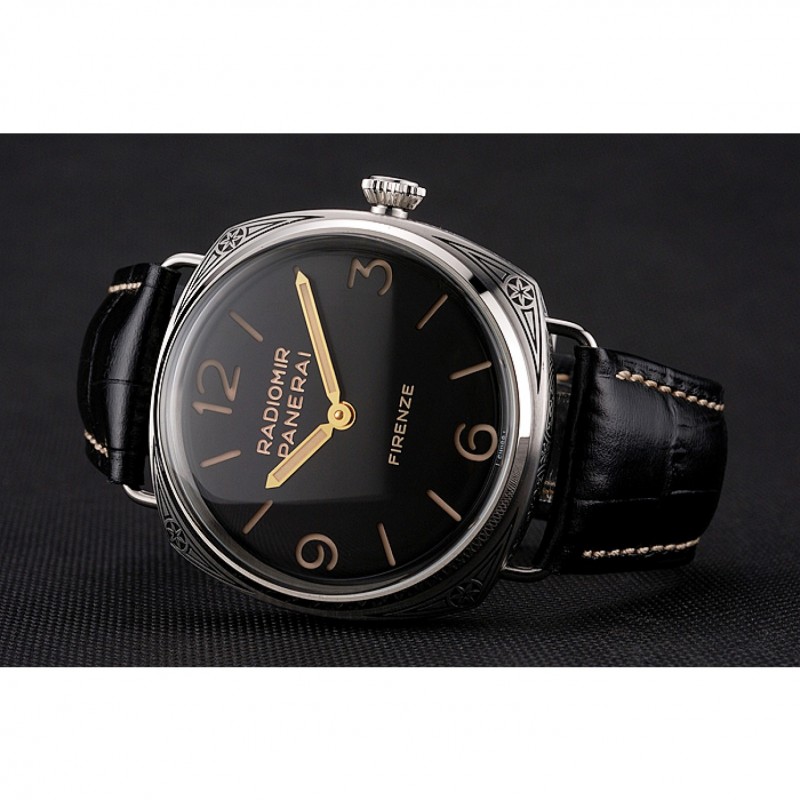 SS Replica Watches Panerai Radiomir Firenze 3 Days Acciaio PAM604 Black Dial Engraved Stainless Stell Case Black Leather Strap-3
