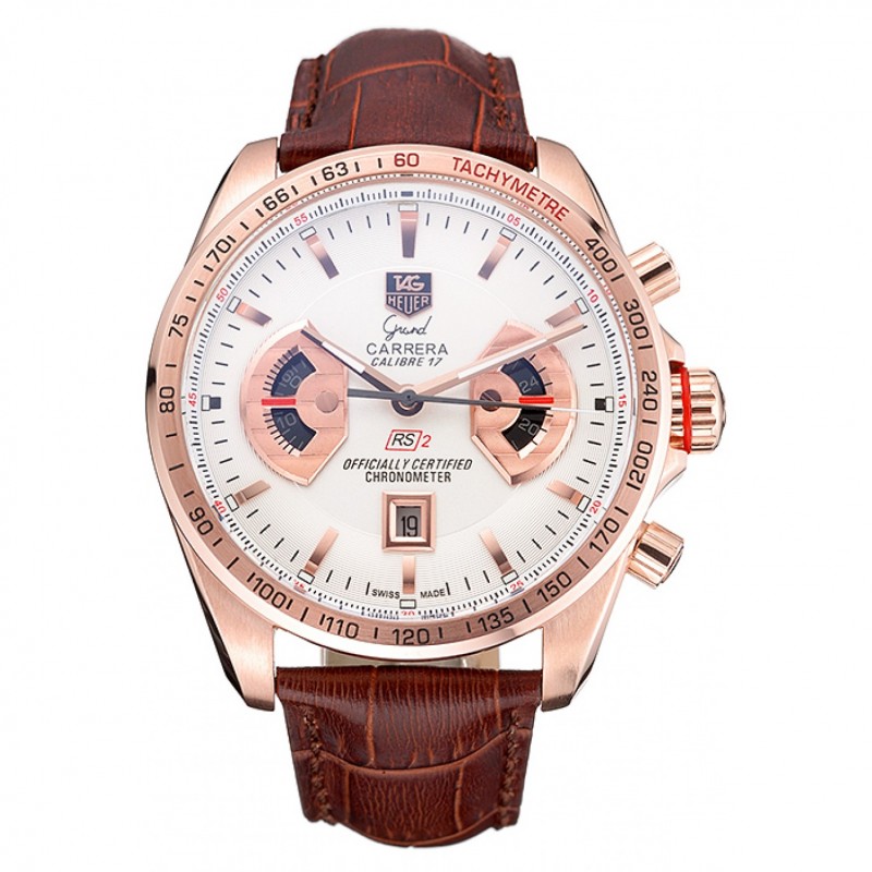 Tag Heuer Carrera Rose Gold Case White Dial Brown Leather Strap 98245-0