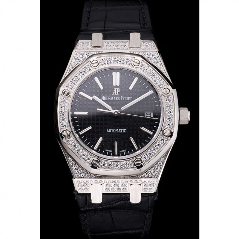 Swiss Audemars Piguet Royal Oak Black Dial Steel Case With Diamonds Black Leather Strap-1