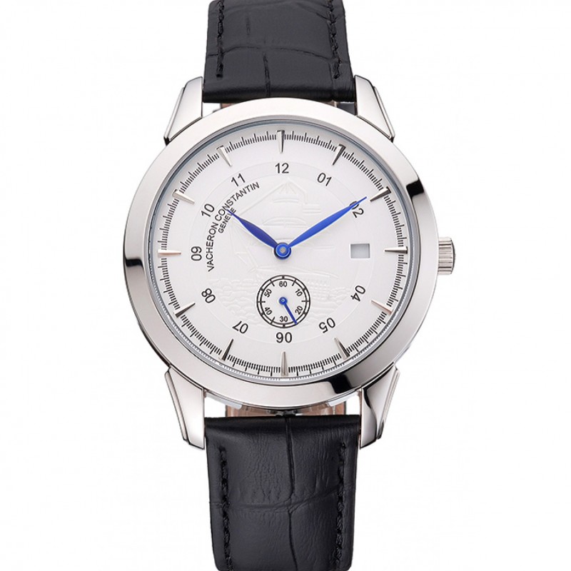Vacheron Constantin Traditionnelle White Ship Dial Stainless Steel Case Black Leather Strap-0