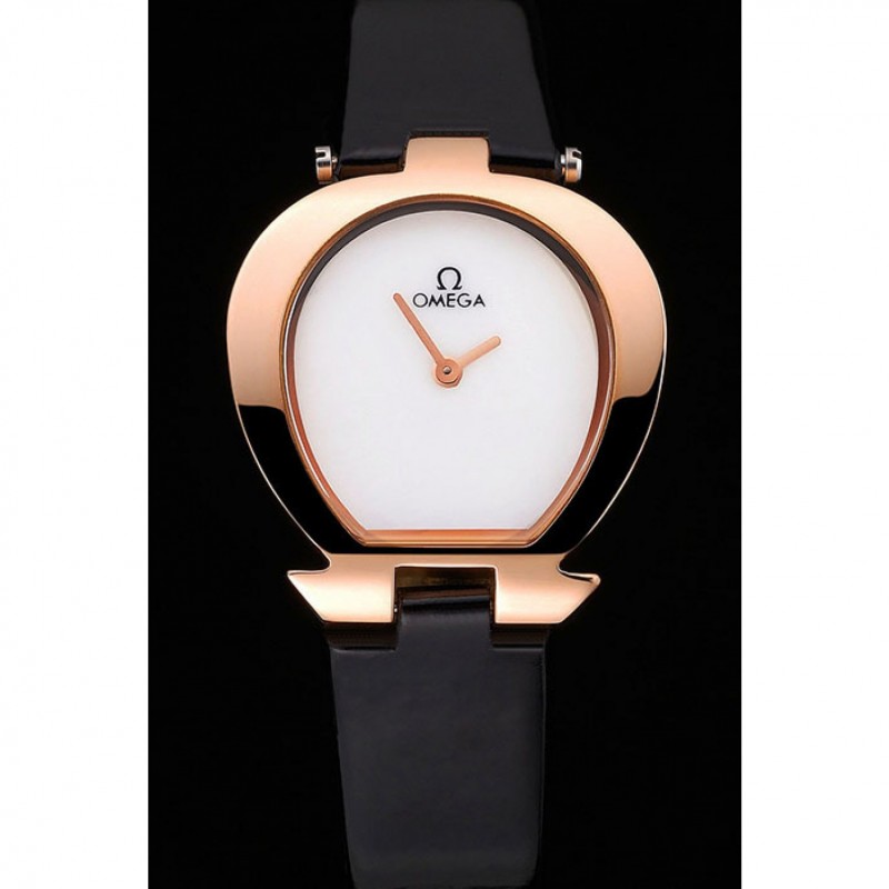Omega Ladies Watch White Dial Gold Case Black Leather Strap 622820-1