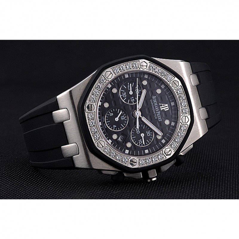 Swiss Audemars Piguet Royal Oak Chronometer Black Dial Diamond Bezel Stainless Steel Case Black Rubber Strap 622867-3