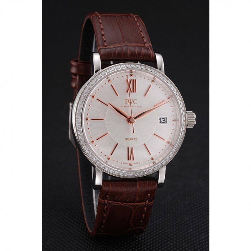IWC Portofino Silver Dial Stainless Steel Case Diamonds Bezel Brown Leather Strap-2