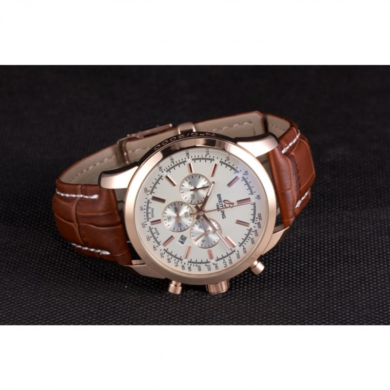 Breitling Transocean White Dial Brown Leather Strap Rose Gold Bezel-2