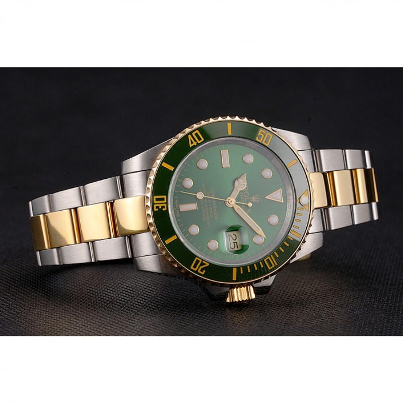 SS Replica Watches Swiss Rolex Submariner Green Dial And Bezel Two Tone Steel Gold Bracelet-3