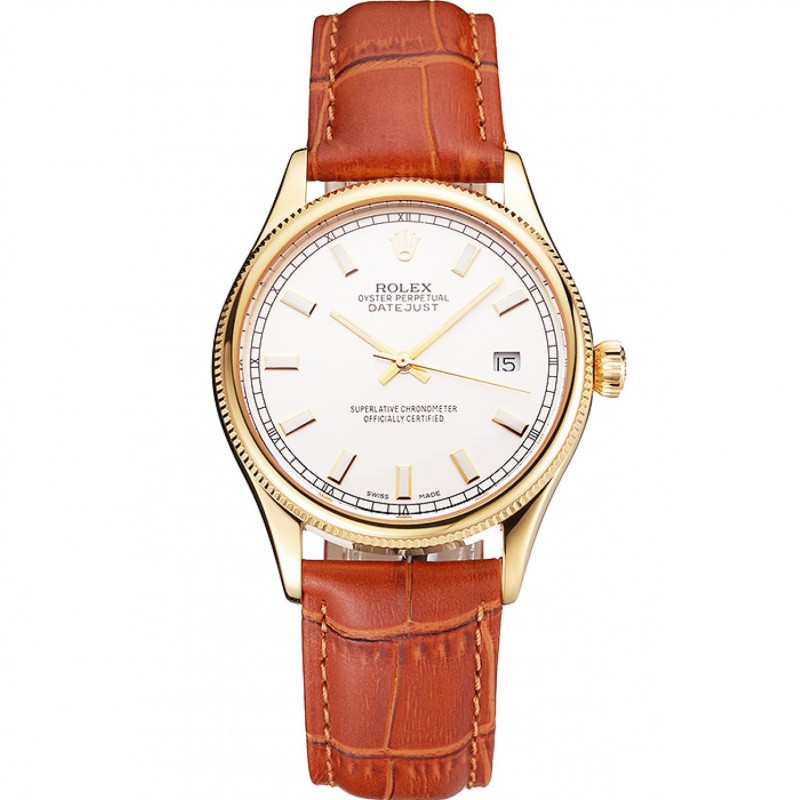 Swiss Rolex Datejust White Dial Gold Case Light Brown Leather Strap-0