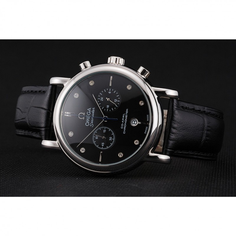 High Quality Omega Seamaster Vintage Chronograph Black Dial Diamond Hour Marks Stainless Steel Case Black Leather Strap-3
