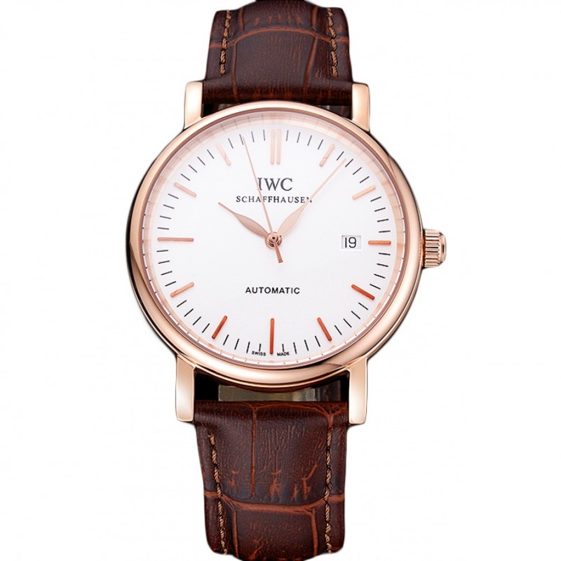 Swiss IWC Portofino Gold Case White Dial Brown Leather Bracelet 622668-0