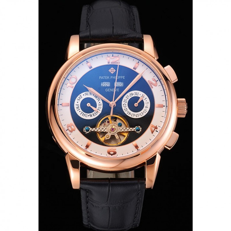 Patek Philippe Perpetual Calendar Tourbillon Black And White Dial Rose Gold Case Black Leather Strap-1