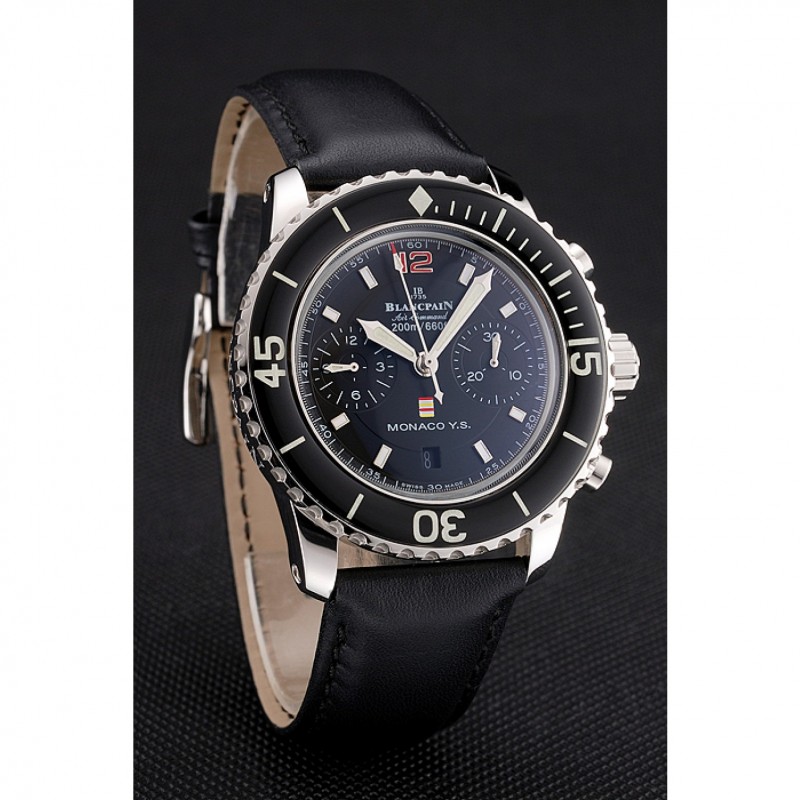Swiss Blancpain Air Command Monaco YS Black Dial Stainless Steel Case Black Leather Strap-2