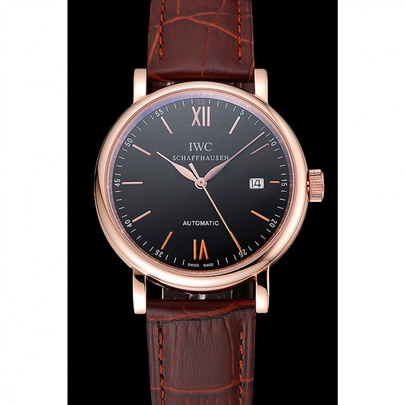 Best Replica Watches Swiss IWC Portofino Gold Case Black Dial Brown Leather Bracelet 622669-1