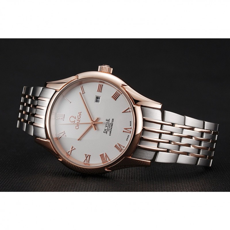 High Quality Omega De Ville White Dial Rose Gold Case Two Tone Bracelet 1453781-3