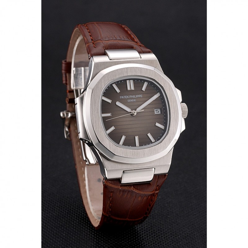 Patek Philippe Nautilus Brown Dial Brushed Stainless Steel Case Brown Leather Strap-2