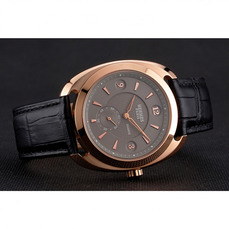 Hermes Dressage Light Brown Dial Rose Gold Case Black Leather Strap-4