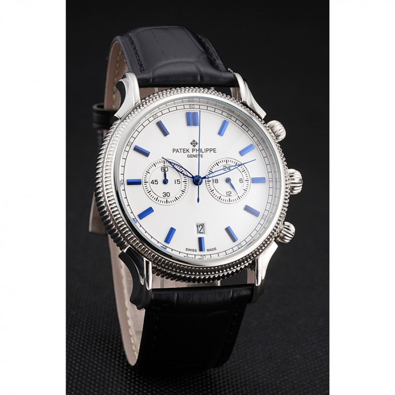 Patek Philippe Chronograph White Dial Blue Markings Stainless Steel Case Black Leather Strap-2