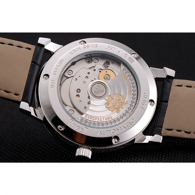 Swiss Piaget Altiplano Diamond Set Stainless Steel Case And Pearl Dial Black Leather Strap 1453746-7