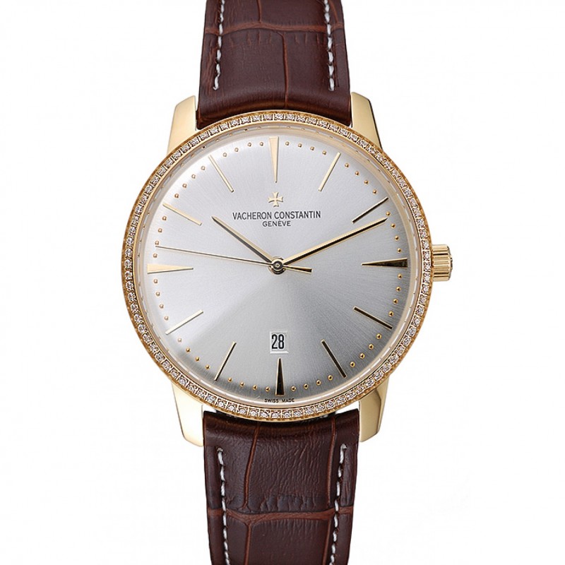 Swiss Vacheron Constantin Patrimony White Dial Gold Diamond Case Brown Leather Bracelet 1454180-0