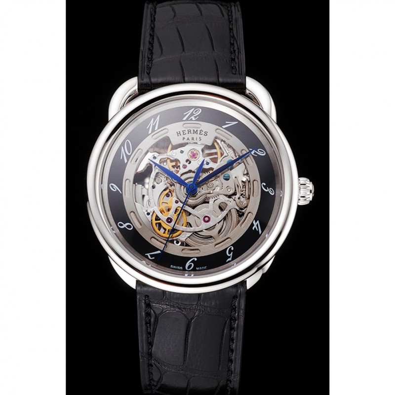 Swiss Hermes Arceau Skeleton Black Dial Blue Hands Stainless Steel Case Black Leather Strap-1