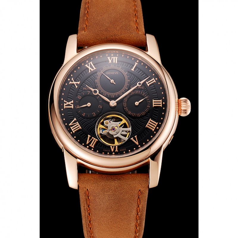 Best Patek Philippe Grand Complications Day Date Tourbillon Black Dial Rose Gold Case Brown Suede Leather Strap 1453814-1