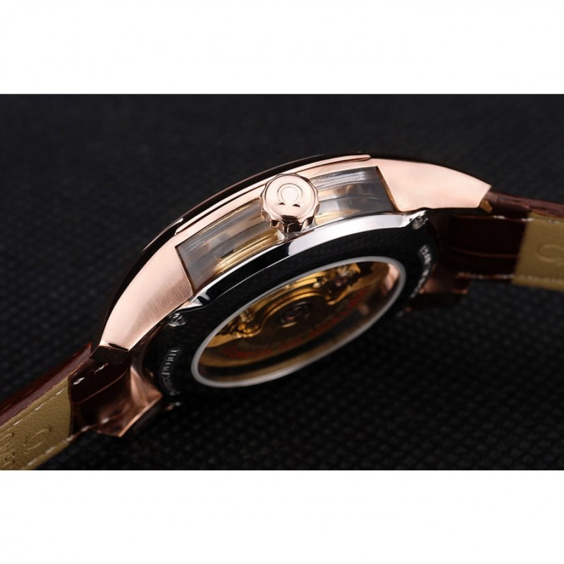 SS Omega Swiss DeVille Rose Gold Bezel Brown Leather Strap 7614-8