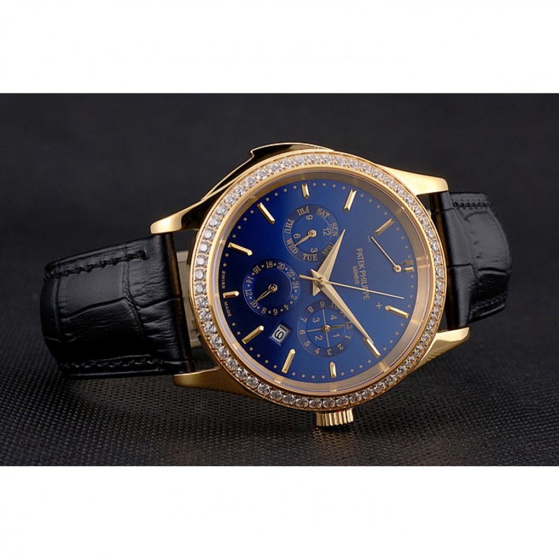 Swiss Patek Philippe Grand Complications Perpetual Calendar Blue Dial Gold Case Diamond Bezel Black Leather Strap-3