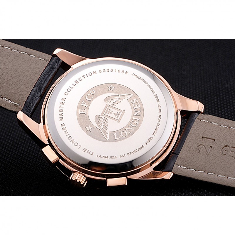 Longines Column Wheel Black Dial Gold Case Black Leather Strap-8
