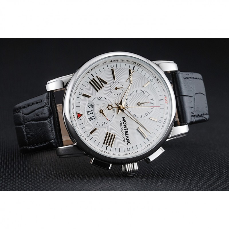 Best Montblanc Chronograph White Dial Black Leather Bracelet Silver Case 1454114-3