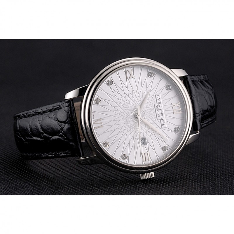 High End Patek Philippe Calatrava Date White Embossed Dial Stainless Steel Case Black Leather Strap-4