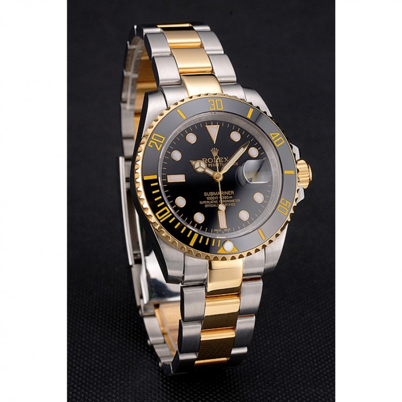 Swiss Rolex Submariner Black Dial And Bezel Two Tone Steel Gold Bracelet-2
