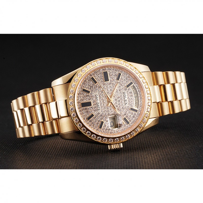 Swiss Rolex Day Date Diamond Pave Dial And Bezel Gold Case And Bracelet-4