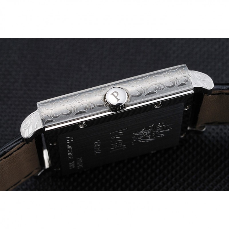 Piaget Emperador Limited Edition Black Dial Engraved Silver Case Black Leather Bracelet 1454136-8