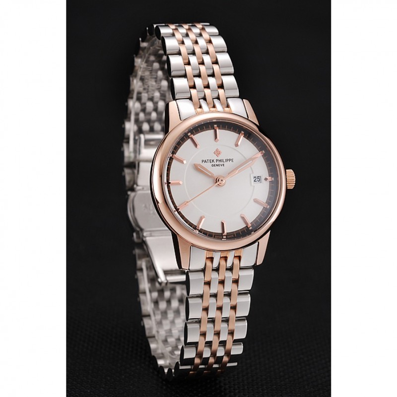 AAA Patek Philippe Calatrava Ladies White Dial Rose Gold Case Two Tone Bracelet 1453832-2