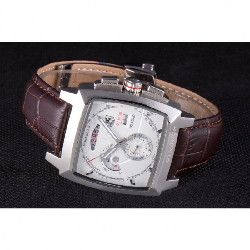 Tag Heuer Monaco Brushed Stainless Steel Case White Dial Brown Leather Strap 98173-4