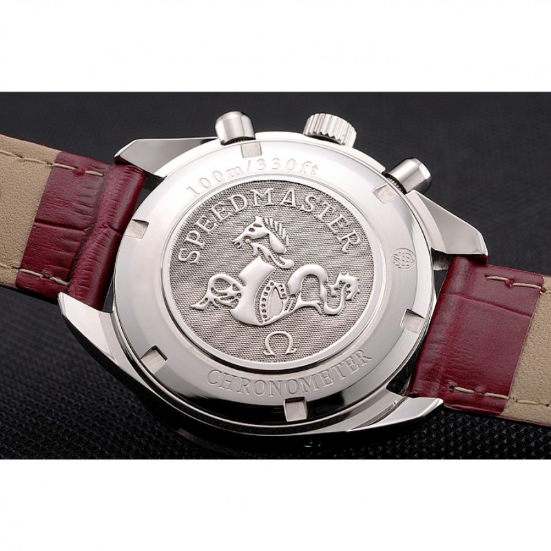 SS Replica Watches Omega Speedmaster Burgundy Dial Stainless Steel Case Diamond Bezel Burgundy Leather Strap-8