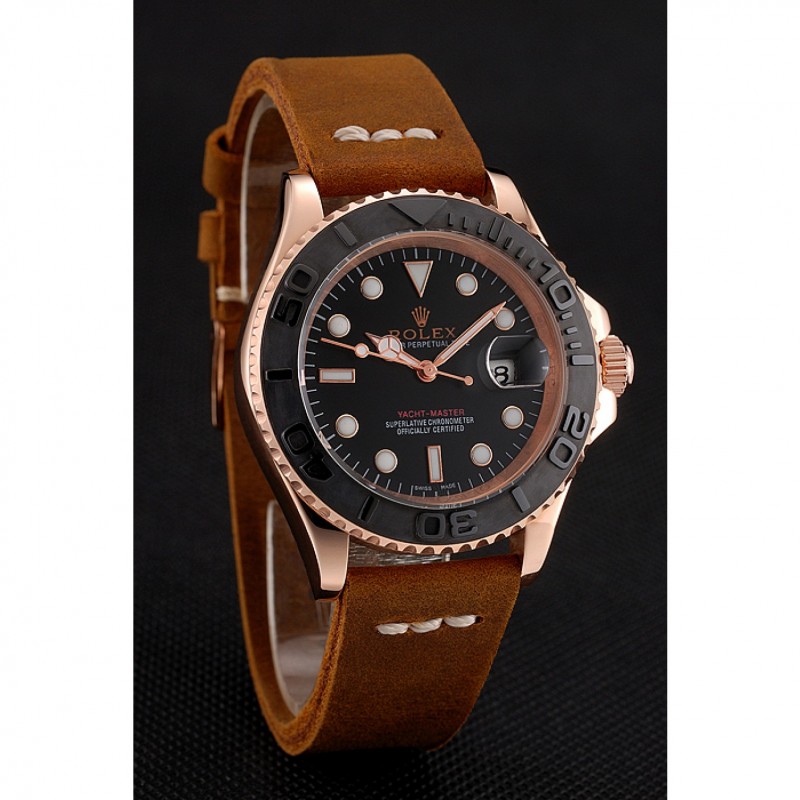 Luxury Replica Watches Rolex Yacht Master Black Dial Rose Gold Case Brown Leather Bracelet 1453861-1