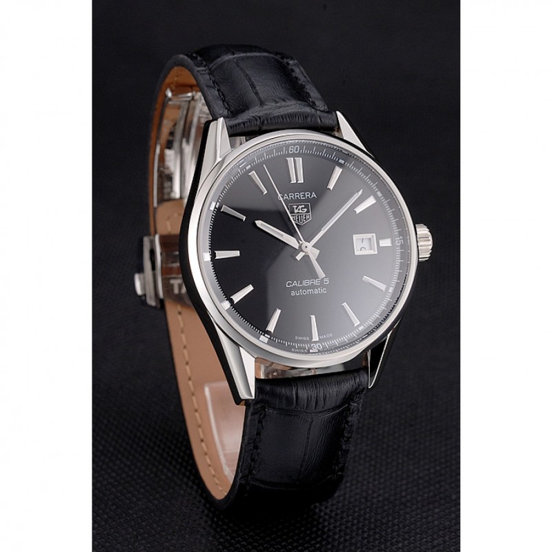 Swiss Tag Heuer Carrera Calibre 5 Black Dial Stainless Steel Case Black Leather Strap-2