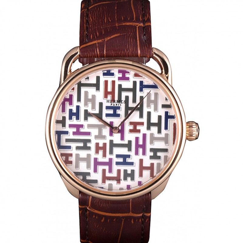 Hermes Classic Croco Leather Strap Multicolor Patterned Logo Dial 801402-0